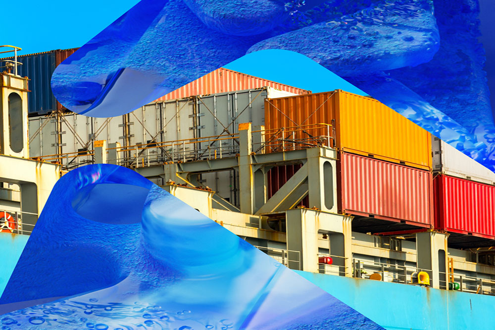 Bildet viser to bider satt sammen i forskningsrådets visuelle profil. Det ene bildet viser containere på et skip, mens det andre viser blått hav.